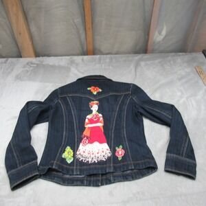 Live a Little Jean Jacket Women Sml Denim Traditional Folk Art Embroider Trucker